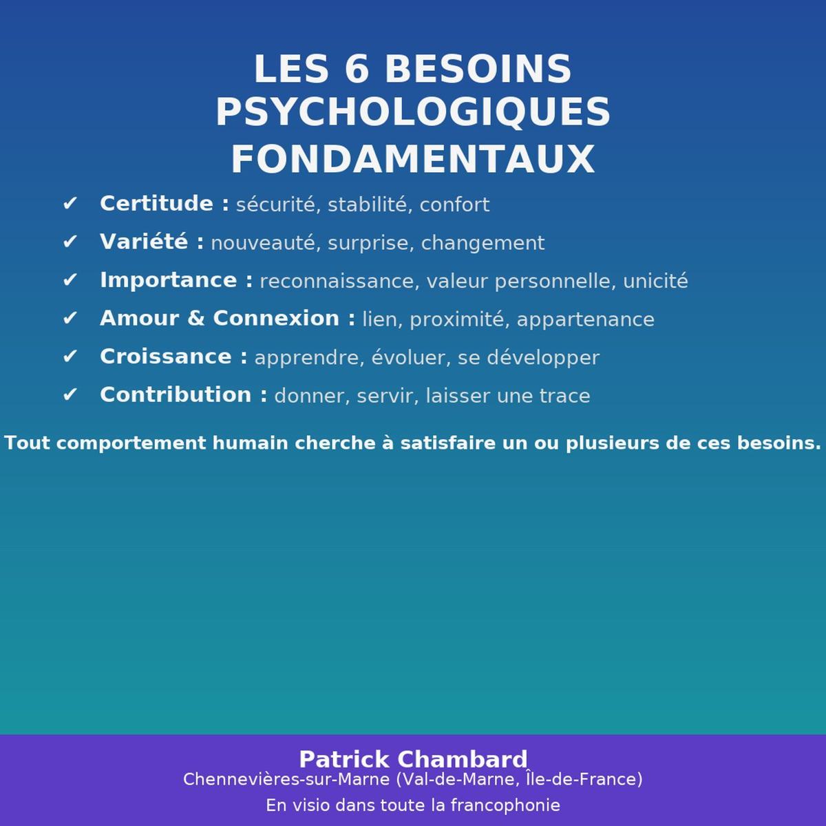 🌐 Les 6 besoins psychologiques fondamentaux – Patrick Chambard, Chennevières-sur-Marne (Val-de-Marne, Île-de-France) et en visio dans toute la francophonie