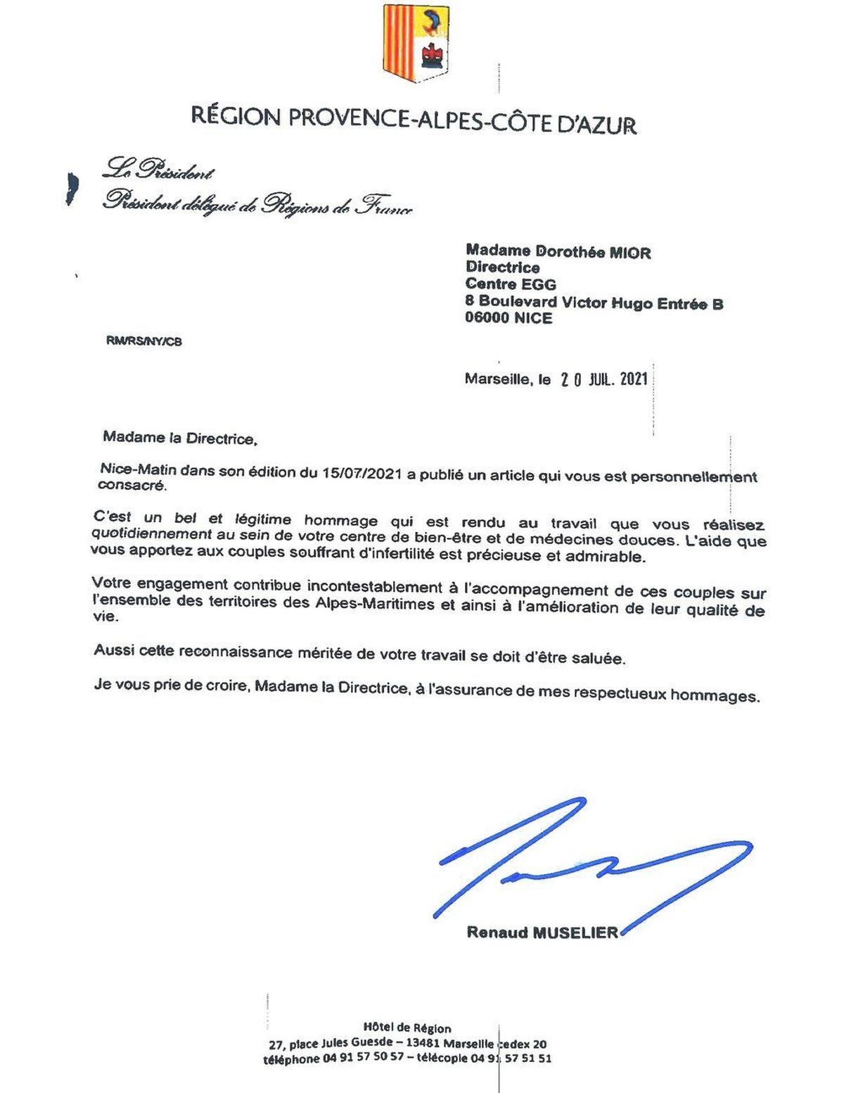 Lettre d’hommage de la part de Mr Renaud Muselier le Président de la Région Provence-Alpes-Côte d'Azur