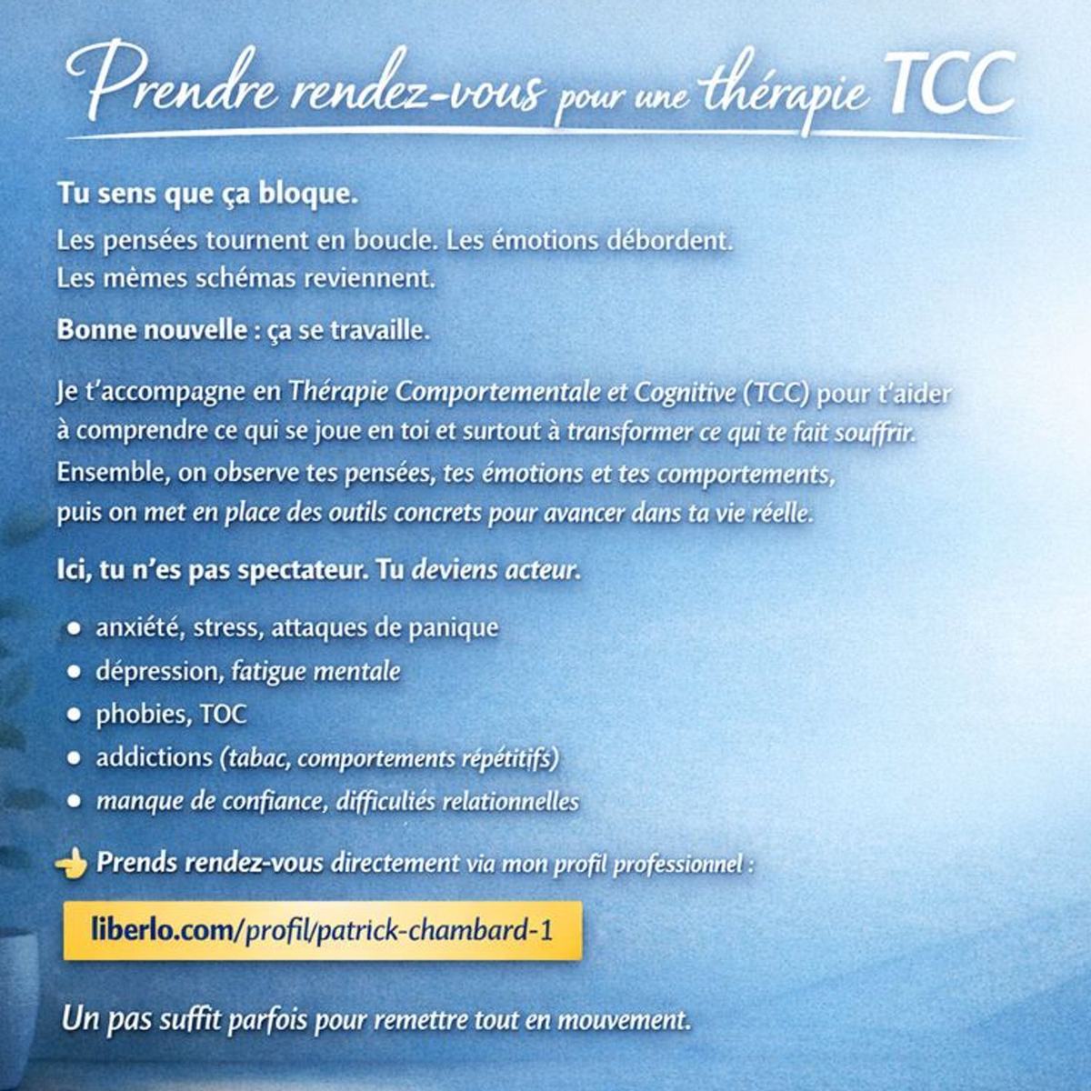 Thérapie Comportementale et Cognitive (TCC) avec Patrick Chambard – Chennevières-sur-Marne